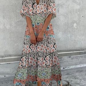 Women Floral V Neck Half Sleeve Comfy Elegant Maxi Dress, Maxi, color:Multicolor|size:XXL, catalog Noracora shop