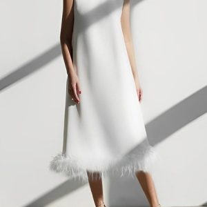 Crew Neck Regular Fit Elegant Dress, Midi Dresses, color:White|size:XXL, Stylewe