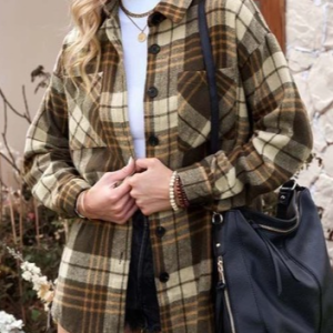 Shirt Collar Long Sleeve Plaid Regular Loose Shirt Jacket For Women 2023, Jackets, color:Khaki|size:XL, Noracora
