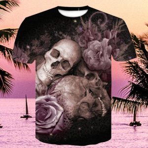 Men's Casual Skull Floral Round Neck High Elastic Short Sleeve T-Shirt Street, T-Shirts, color:As Picture|size:3XL, JustFashionNow