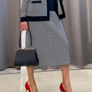 Regular Fit Urban Houndstooth Midi Skirt, Skirts, color:Black-white|size:XXL, Stylewe
