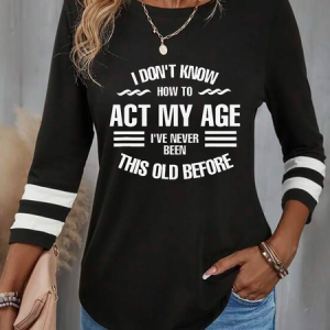 Casual Text Letters Crew Neck Three Quarter Sleeve T-shirt, T-shirts, color:Black|size:XXL, Noracora