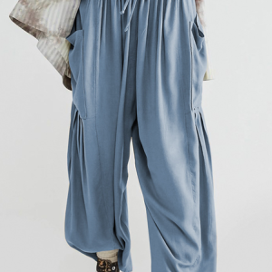 Casual Plain Natural Ankle Pants Wide Leg Pants, Pants, color:Grey-blue|size:XL, Noracora