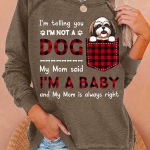Women's Funny Word I'm A Baby Best Dog Mom Plaid Simple Sweatshirt, color:Brown|size:3XL, Lilicloth.com