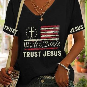 V Neck Casual Flag T-Shirt, T-Shirts, color:Black|size:XXL, JustFashionNow