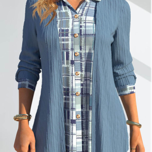Plaid Casual Loose Shawl Collar Blouse, Shirts & Blouses, color:Blue|size:XXL, JustFashionNow