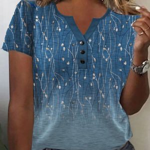 V Neck Casual Loose Floral Shirt, Shirts & Blouses, color:Blue|size:4X, JustFashionNow