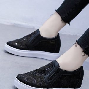Sequins Floral Embroidered Lace Paneled Slip-On Wedge Shoes, Sneakers, color:Black|size:40, JustFashionNow