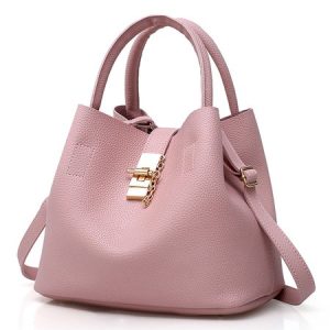 Solid Color Faux Leather Metal Lock Commuter Ladies Handbag, Women's Bags, color:Pink|size:One-size, JustFashionNow