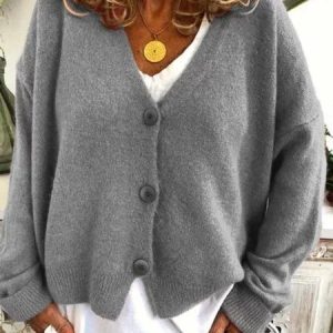 JFN V Neck Knitted Wool Button Sweater, Sweaters, color:Gray|size:US 14, JustFashionNow