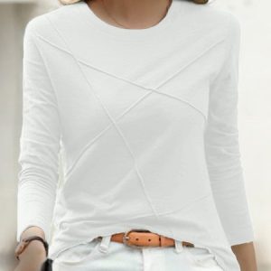 JFN Crew Neck Plain Daily Long Sleeve T-shirt, T-Shirts, color:White|size:XXL, JustFashionNow