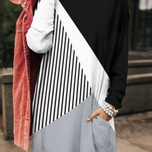Women Striped Crew Neck Long Sleeve Comfy Casual Pocket Stitching Short Sweashirt Dress, Sweashirt Dress, color:Black-grey|size:5XL, Noracora