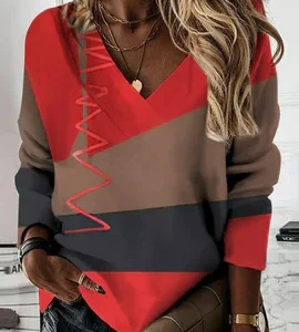 V Neck Casual Sweatshirt, Sweatshirts & Hoodies, color:Multicolor|size:XXL, JustFashionNow
