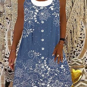 Casual Scoop Neck Floral Loose Dress, Midi, color:Blue|size:XXL, Noracora