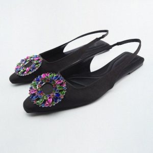 Multicolored Rhinestone Design Black Suede Drop Back Flats, Flats, color:Black|size:42, Stylewe