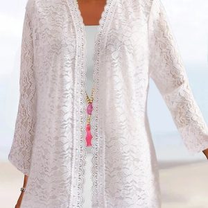 Lace Casual Plain Kimono, Cardigans, color:White|size:XXL, JustFashionNow