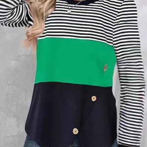 Casual Striped Crew Neck Long Sleeve T-shirt, T-shirts, color:Green|size:5XL, Noracora