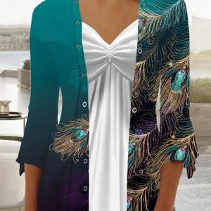 Feather Pattern Casual Two-Piece Set, Suit Set, color:Blue|size:XXL, JustFashionNow