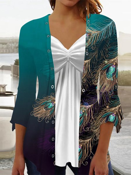 Feather Pattern Casual Two-Piece Set, Suit Set, color:Blue|size:XXL, JustFashionNow