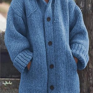 Button Down Hooded Knitted Cardigan Plus Size Knit coat, Cardigans, color:Blue|size:XXL, Noracora