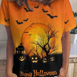 Womens Halloween Black Cat Crew Neck Animal T-Shirt, color:As Picture|size:3XL, Lilicloth.com