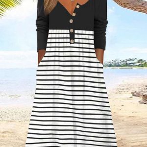 Crew Neck Striped Casual Dress, Dresses, color:Black|size:XXL, JustFashionNow