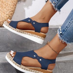 Vacation Cut-out Slip On Wedge Heel Espadrille Sandals, Sandals, color:Navyblue|size:43, JustFashionNow