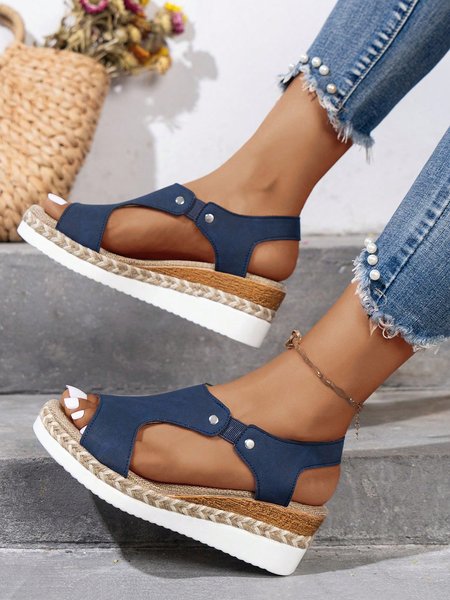 Vacation Cut-out Slip On Wedge Heel Espadrille Sandals, Sandals, color:Navyblue|size:43, JustFashionNow