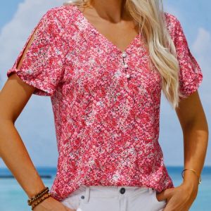 V Neck Floral Buttoned Elegant T-Shirt, T-Shirts, color:lavender|size:XXL, JustFashionNow