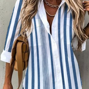 JFN women's Stripes Long Sleeve casual loose shirts, Shirts & Blouses, color:White|size:XXL, JustFashionNow