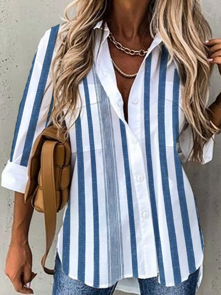 JFN women's Stripes Long Sleeve casual loose shirts, Shirts & Blouses, color:White|size:XXL, JustFashionNow