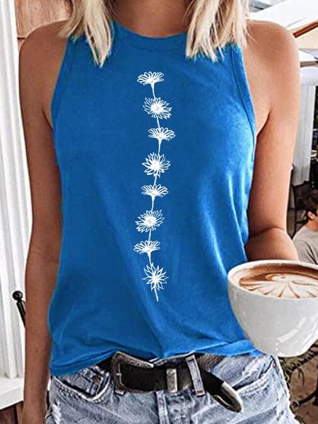 Women's Casual Daisy Chain Crew Neck Tank Top, color:Blue|size:3XL, Lilicloth.com