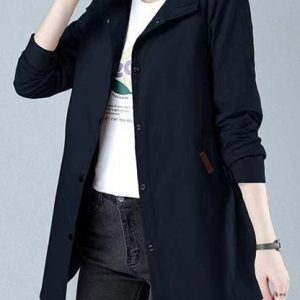 Wrap Long Sleeve Plain Regular Loose Trench Coat For Women, Trench coat, color:Navyblue|size:5XL, Noracora