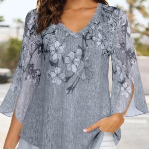 Plus Size Floral Casual V Neck Three Quarter Loose Shirt, Shirts & Blouses, color:Gray|size:4X, JustFashionNow