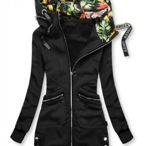 Long Sleeve Casual Shift Paneled Hoodie Jacket, Coats, color:Black|size:XXL, JustFashionNow