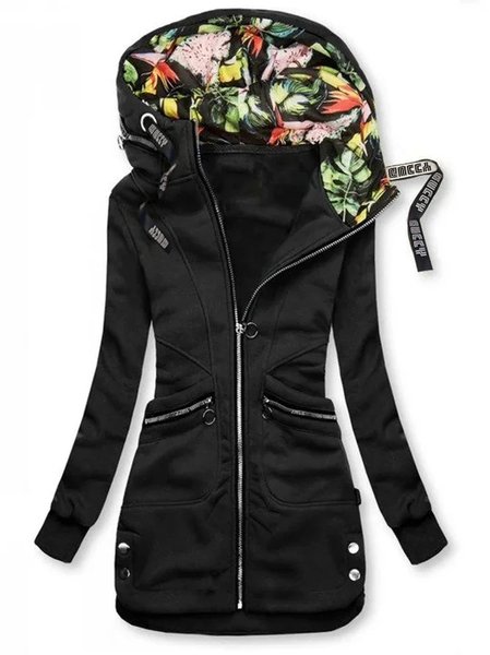 Long Sleeve Casual Shift Paneled Hoodie Jacket, Coats, color:Black|size:XXL, JustFashionNow