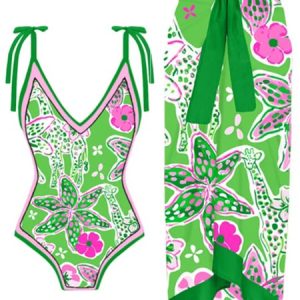 Vacation Floral Printing V Neck One Piece With Cover Up, swimwear>>Bikini Sets, color:Green|size:XXL, JustFashionNow