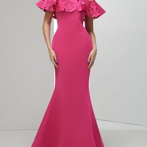 Regular Fit Elegant Boat Neck Plain Party Dress, Maxi Dresses, color:Deep Pink|size:XXL, Stylewe