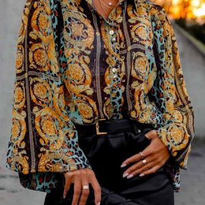 Shirt Collar Loose Print Elegant Blouse, Blouses and Shirts, color:Yellow|size:XXL, Stylewe