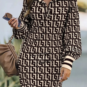 Women Geometric Shawl Collar Long Sleeve Comfy Casual Midi Dress, Dresses, color:Khaki|size:XXL, Noracora