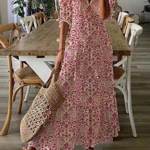 V Neck Loosen Tribal Floral Boho Short sleeve Woven Dress, Floral Dresses, color:flower|size:XS, JustFashionNow