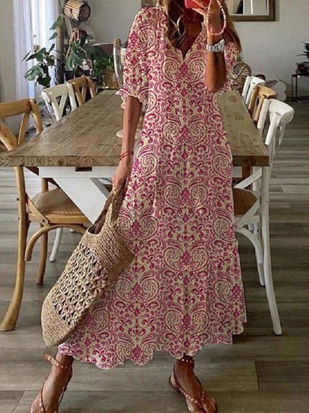 V Neck Loosen Tribal Floral Boho Short sleeve Woven Dress, Floral Dresses, color:flower|size:XS, JustFashionNow