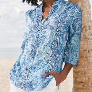 JFN V Neck Tribal  Vacation Cotton Blends Long Sleeve Boho Vacation Top, Shirts & Blouses, color:Blue|size:XXL, JustFashionNow