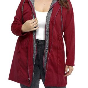 Casual Color Block Regular Fit Hoodie Trench Coat, Coats, color:Wine Red|size:4X, JustFashionNow