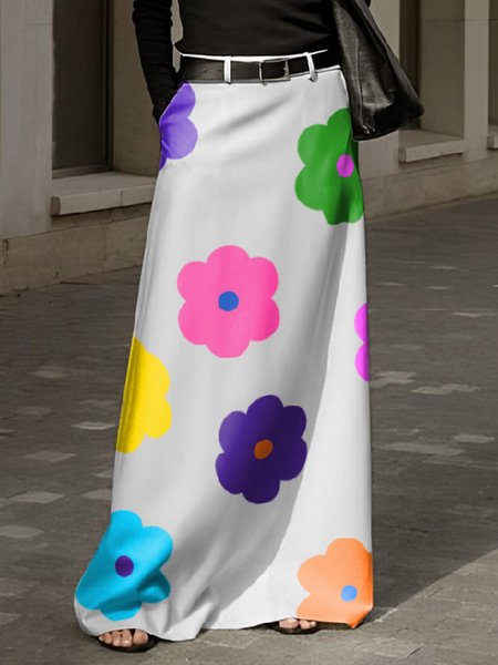 Vacation Floral Print Pockets Skirt, Skirts, color:White|size:XXL, Stylewe
