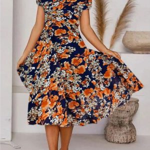 Elegant Loose Printing Floral Dress, Dresses, color:Orange Red|size:3XL, JustFashionNow