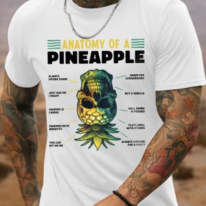 Men's Funny Anatomy Of A Pineapple Skull Graphic Printing Loose Casual Text Letters Cotton T-Shirt, color:White|size:3XL, Lilicloth.com