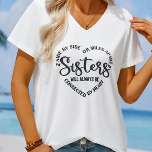 Sister Text Letters Casual V Neck Loose T-Shirt, T-Shirts, color:White|size:XXL, JustFashionNow