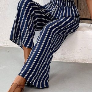 Casual Striped Natural Long Elastic Band Straight Pants, Pants, color:Dark Blue|size:XXL, Noracora