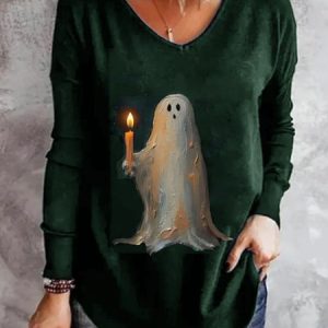 Casual Halloween V Neck Long Sleeve T-shirt, T-shirts, color:Green|size:XXL, Noracora